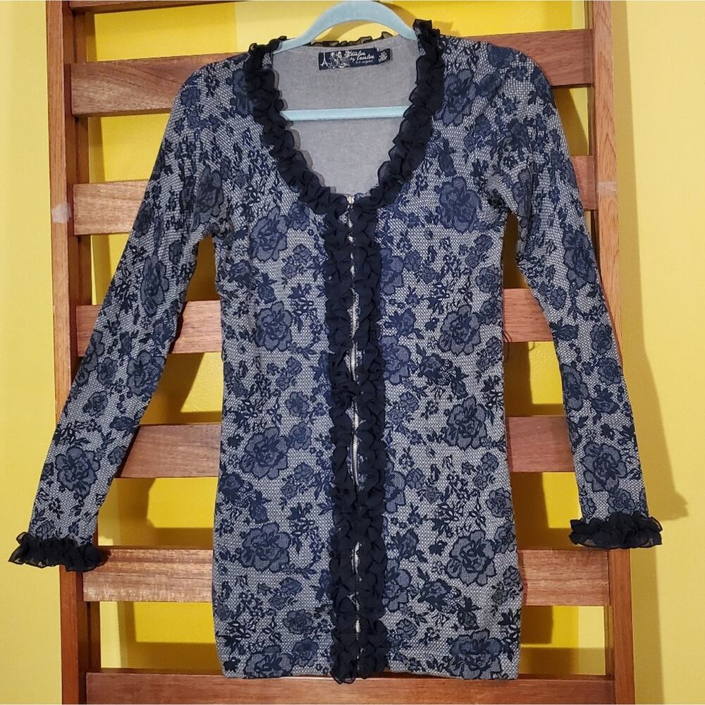 Twelve by Twelve Navy Blue Floral Lace Trim Cardigan